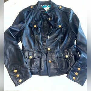 Loft Ann Taylor Women’s Blue Navy genuine leather jacket Gold Buttons